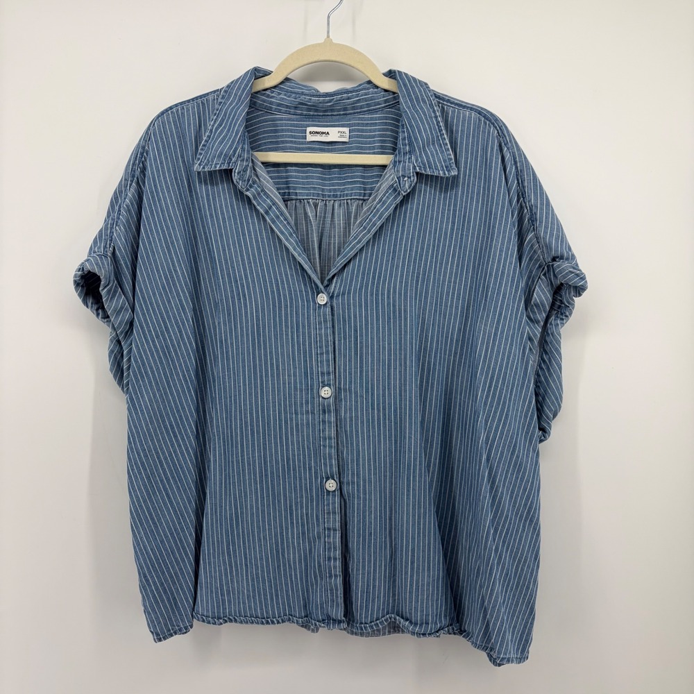 Sonoma Womens PXXL Blue Striped Button Up Shirt Short Sleeve Lyocell Relaxed